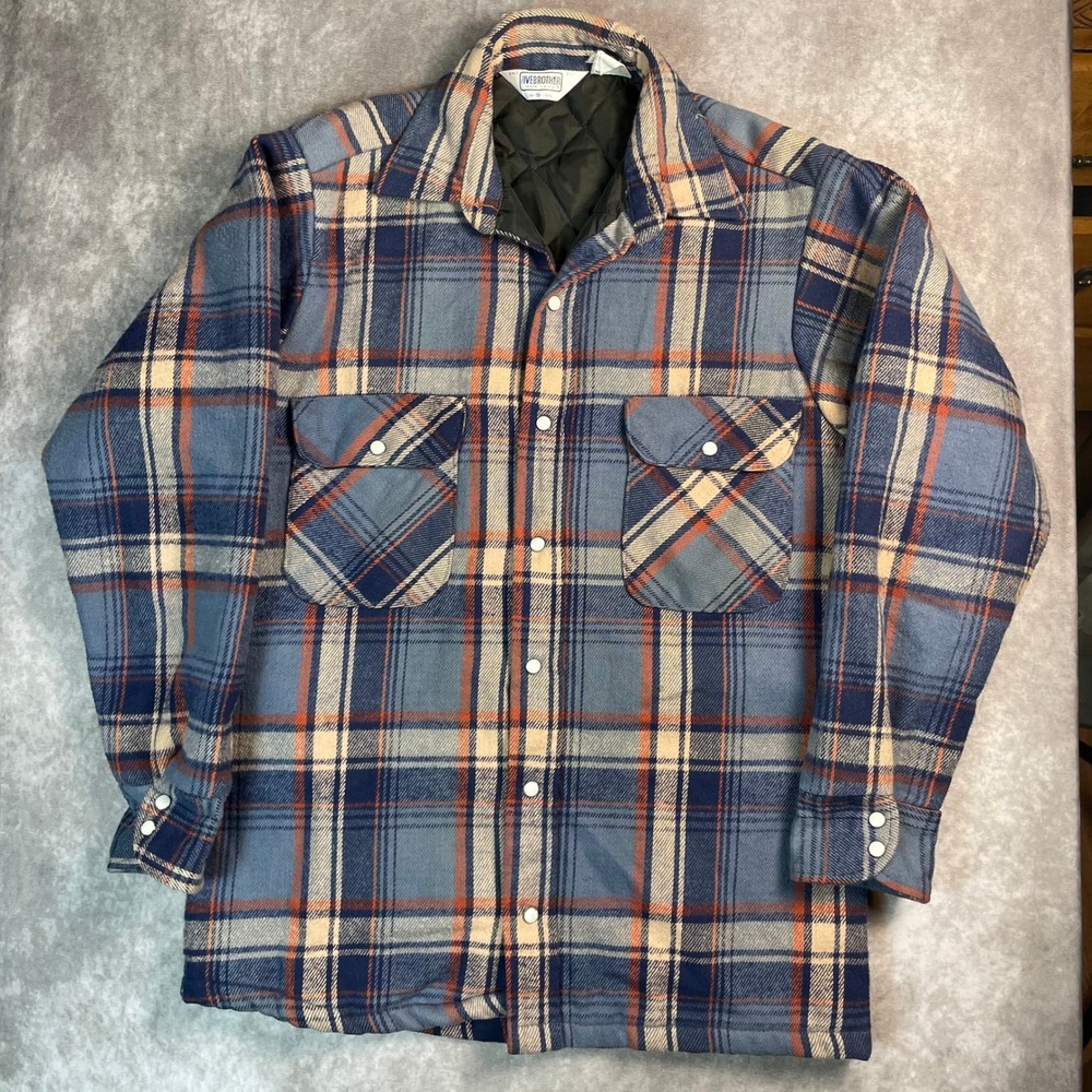 Fivebrother Vintage Quilted Flannel Shirt‎ Jacket Blue Orange Plaid Mens Small